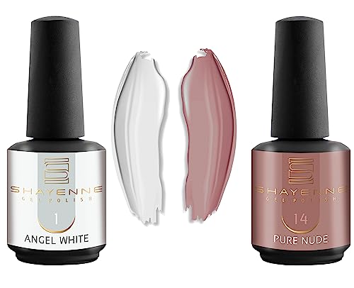 Shayenne 2er Set UV Gel Nagellack 1 Angel White Weiss 15 ml + 14 Pure Nude 15 ml UV LED Lampe Farblack Gellack Nagel Lack Nail Polish Nagelgel Shellac (30 ml) von Shayenne