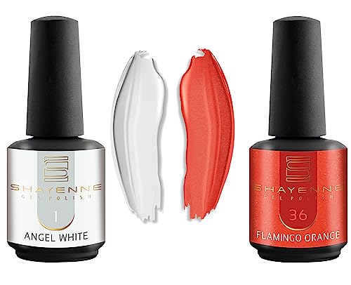 Shayenne 2er Set UV Gel Nagellack 1 Angel White Weiss 15 ml + 36 Flamingo Orange 15 ml UV LED Lampe Farblack Gellack Nagel Lack Nail Polish Nagelgel Shellac (30 ml) von Shayenne