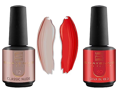 Shayenne 2er Set UV Gel Nagellack 12 Classic Nude 15 ml + 30 Diva in Red Rot 15 ml UV LED Lampe Farblack Gellack Nagel Lack Nail Polish Nagelgel Shellac (30 ml) von Shayenne