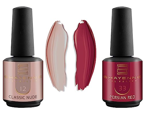 Shayenne 2er Set UV Gel Nagellack 12 Classic Nude 15 ml + 33 Persian Red Rot 15 ml UV LED Lampe Farblack Gellack Nagel Lack Nail Polish Nagelgel Shellac (30 ml) von Shayenne
