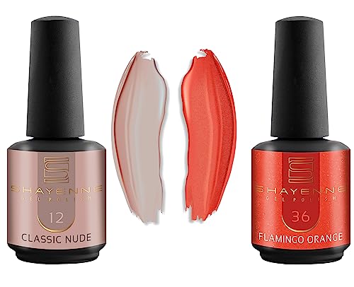 Shayenne 2er Set UV Gel Nagellack 12 Classic Nude 15 ml + 36 Flamingo Orange 15 ml UV LED Lampe Farblack Gellack Nagel Lack Nail Polish Nagelgel Shellac (30 ml) von Shayenne