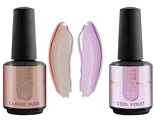 Shayenne 2er Set UV Gel Nagellack 12 Classic Nude 15 ml + 52 Cool Violet Lila 15 ml UV LED Lampe Farblack Gellack Nagel Lack Nail Polish Nagelgel Shellac (30 ml) von Shayenne