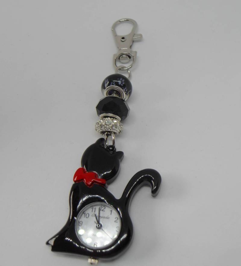 Schwarze Katze Taschenanhänger/Schlüsselanhänger Uhr Mit European Charm Beads Schwarze Katze Taschenanhänger/Schlüsselanhänger Uhr Mit European Charm Beads von ShazziesJewels