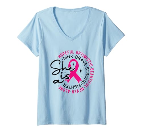 Damen Sie ist eine rosa mutige Starke Kämpferin hoffnungsvoller Brustkrebs T-Shirt mit V-Ausschnitt Damen Sie ist eine rosa mutige Starke Kämpferin hoffnungsvoller Brustkrebs T-Shirt mit V-Ausschnitt von She is a pink brave strong Breast Cancer 2025 Tee