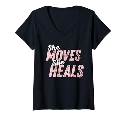 Damen She Moves Heals Damen Active Wear Gym Outfit Vintage T-Shirt mit V-Ausschnitt von She moves she heals gym retro vintage tee women's