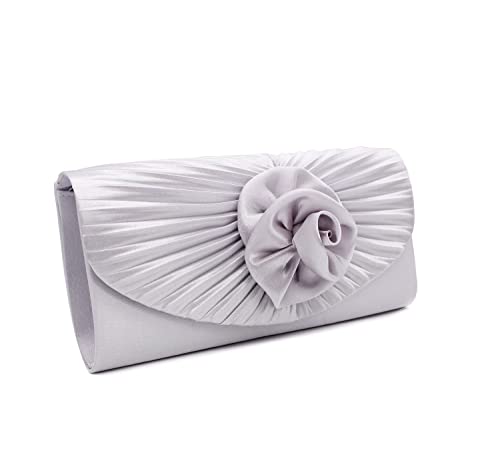 Damen-Clutch, Satin, plissiert, Umschlag-Stil, mit 3D-Rosenblume, Silberfarben - Silver Satin, Small von She & Bags