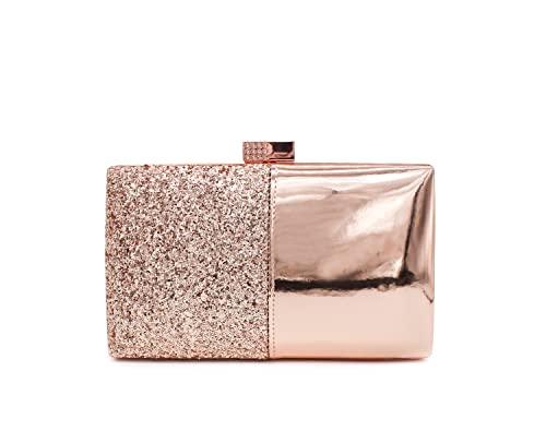 Damen Premium Collection Verschiedene Formen und Größen Shiny Rose Gold Clutch Abendtasche für Hochzeit Brautball Party, Glänzender Verschluss mit glitzernden Nieten, Small von She & Bags