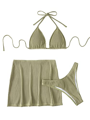 SheIn Damen 3-teiliges geripptes Neckholder-Set mit Knoten, Triangel-Bikini und Rock, olivgrün, Medium von SheIn