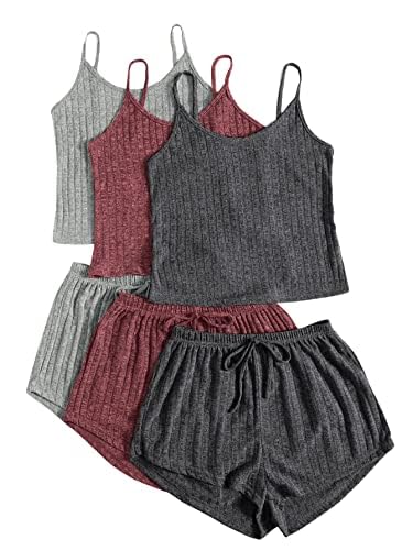 SheIn Damen 3er-Set, geripptes Strick-Lounge-Set, bauchfreies Cami-Top und Shorts zum Binden vorne, Nachtwäsche-Pyjama-Set, Einfarbig, mehrfarbig, L von SheIn