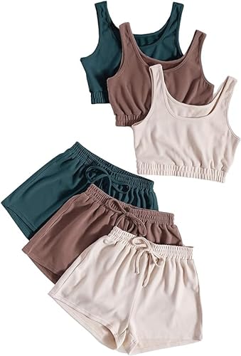 SheIn Damen 6 Stücke Outfits Crop Tank Top und Elastische Taille Shorts Set, Mehrfarbig Blau, Small von SheIn