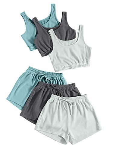 SheIn Damen 6 Stücke Outfits Crop Tank Top und Elastische Taille Shorts Set, Mehrfarbig Grau, Large von SheIn