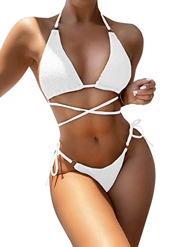 SheIn Damen Bikini Sets Neckholder Swimwear Hoher Ausschnitt Tanga High Waist Bademode Zweiteiliger Swimsuits mit Ring Weiss M von SheIn