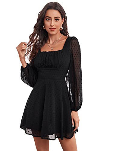 SheIn Damen Bishop Ärmel Minikleid A-Linie Kleider Elegant Hohe Taille Langarm Freizeitkleid Schwarz M von SheIn