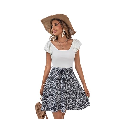 SheIn Damen Boho Kleid Blümchen Kleider Sommer Shortkleid Schmetterlingsärmeln Freizeitkleid mit Gürtel Weiß und Schwarz L von SheIn