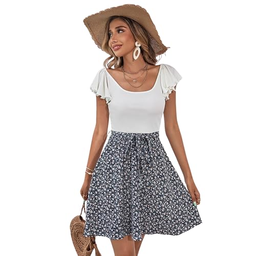 SheIn Damen Boho Kleid Blümchen Kleider Sommer Shortkleid Schmetterlingsärmeln Freizeitkleid mit Gürtel Weiß und Schwarz XS von SheIn