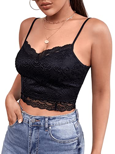 SheIn Damen Camisole Tops Sexy Spitzen Trägertop Cropped Tops Spaghettiträger Spitzentop Trägershirts Schwarz L von SheIn