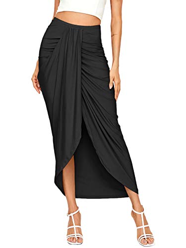 SheIn Damen Casual Slit Wrap Asymmetrische Elastische Hohe Taille Maxi Drapiert Rock, Schwarz, X-Klein von SheIn