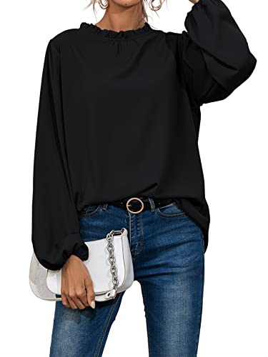 SheIn Damen Elegant Bluse mit Rüschen-Kragen Langarm Oberteil Blusen Chiffonbluse Herbst Tunika Pollover Bishop Ärmel Einfarbig Schwarz L von SheIn