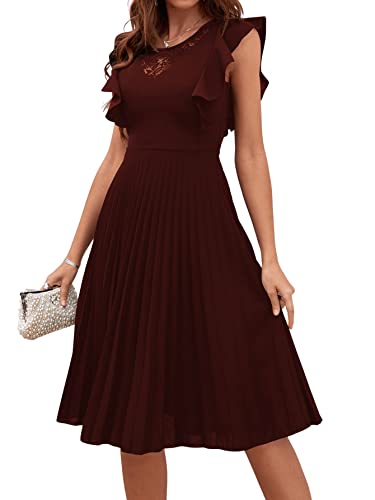 SheIn Damen Elegant Kleid A Linie Spitzenkleid Vintage Retro Partykleid Faltenkleid Cocktailkleid Schmetterlingsärmel Midi Kleider Kastanienbraun L von SheIn