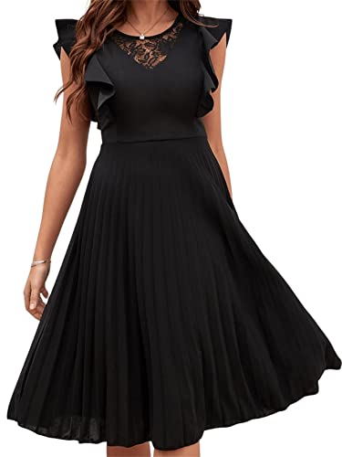 SheIn Damen Elegant Kleid A Linie Spitzenkleid Vintage Retro Partykleid Faltenkleid Cocktailkleid Schmetterlingsärmel Midi Kleider Schwarz L von SheIn