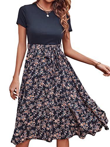 SheIn Damen Kleid Blümchen Kleider Knielang A-Linie Sommerkleid Böho Hohe Taille 2-in-1 Freizeitkleid mit Gürtel Schwarz M von SheIn