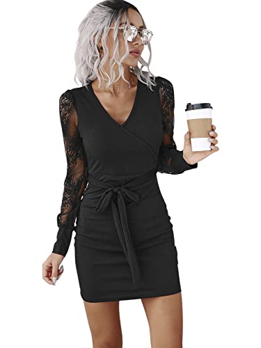 SheIn Damen Spitzen Ärmel Kleid mit Gürtel Hohe Taille Bleistiftkleid Halloween Spitzenkleid Partykleid Bodycon Minikleid Elegant Langarmkleid Schwarz S von SheIn