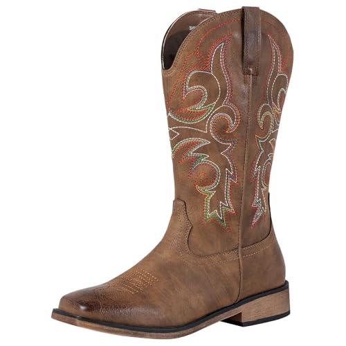 SheSole Damen Cowboystiefel Mit Blockabsatz Eckige Zehenkappe Frauen Western Boots Braun von SheSole