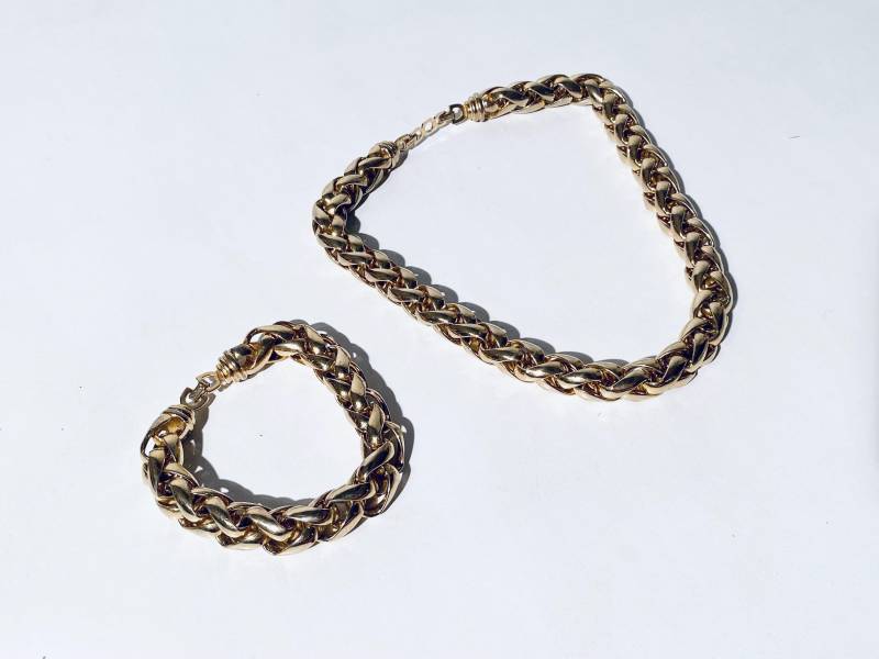 Christian Dior Vintage Chunky Vergoldete Halskette Und Armband-Set Mit Original-Beutel von SheWasNeverInParis