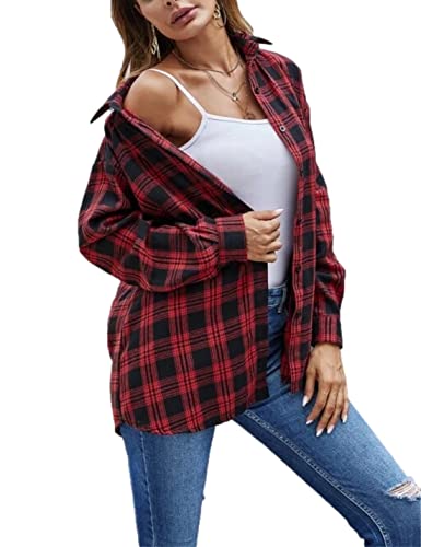 Shebote Damen Plaid Flanellhemden Oversize Button Down Langarm Buffalo Plaid Shirt Tops Bluse, Rot/Ausflug, einfarbig (Getaway Solids), XX-Large von Shebote