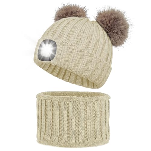 Kinder Beanie Mütze, Warme Wintermütze & Schal Set für 4-16 Jahre Mädchen Jungen Junge, Strickmütze mit Bommel Geschenk Weihnachten von Shedoo