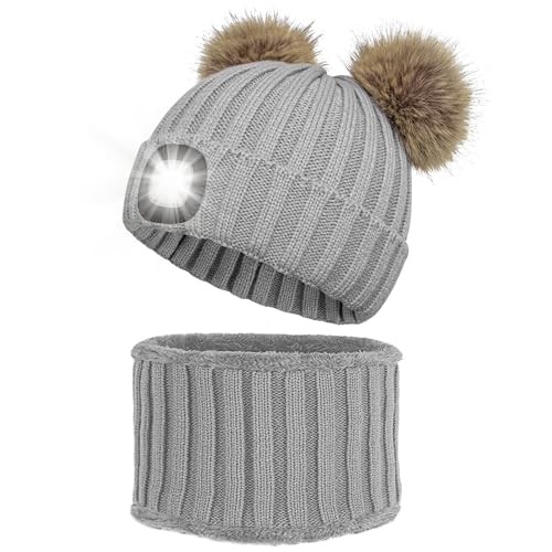 Mütze Damen, Weiche Beanie Mütze Schal Set mit Bommel Fleece Gefüttert, Grobstrick Warme Wintermütze Strickmütze für Schule, Arbeit, Skifahren(Grau) von Shedoo