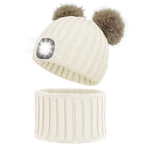 Mütze Damen, Weiche Beanie Mütze Schal Set mit Bommel Fleece Gefüttert, Grobstrick Warme Wintermütze Strickmütze für Schule, Arbeit, Skifahren, Camping von Shedoo