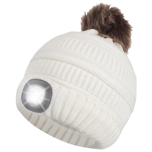 Shedoo Beanie Mütze Kinder, Dick Atmungsaktiv Strickmütze mit Bommel, Winter Wärmer Mütze für Jogging, Camping, Walking, Ski, Weihnachten Festival Beanie Mütze für Mädchen, Jungen, Unisex - Weiß von Shedoo