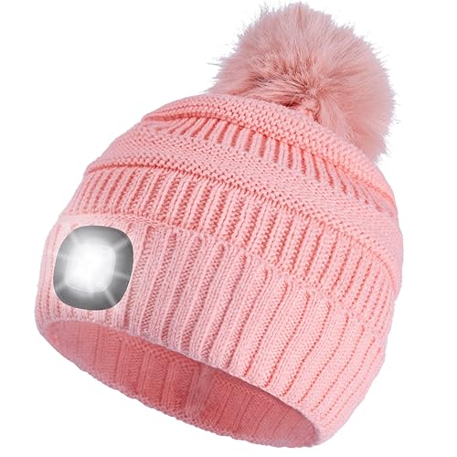 Shedoo Mütze Mädchen, Winter Wärmer Strickmütze mit Bommel, Dick Atmungsaktiv Wintermütze für Kinder, Beanie Kint Hat für Nachtlauf, Camping, Radfahren- Rosa von Shedoo