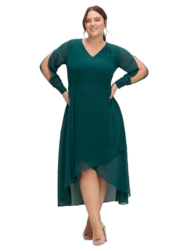 Sheego Damen Große Größen Chiffonkleid mit Cut-Outs und Schmucksteinen Abendkleid Abendmode elegant V-Ausschnitt Strasssteine unifarben von Sheego