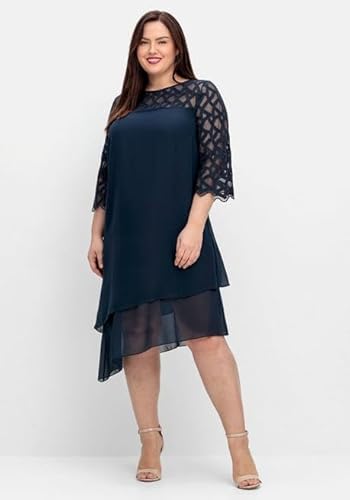 Sheego Damen Große Größen Cocktailkleid mit Zierborten, im Lagenlook Abendkleid Abendmode elegant Rundhals-Ausschnitt Mesh unifarben von Sheego