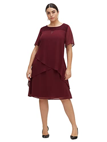 Sheego Damen Große Größen Cocktailkleid mit asymetrischen Volants Abendkleid Abendmode elegant Rundhals-Ausschnitt Spitze unifarben von Sheego