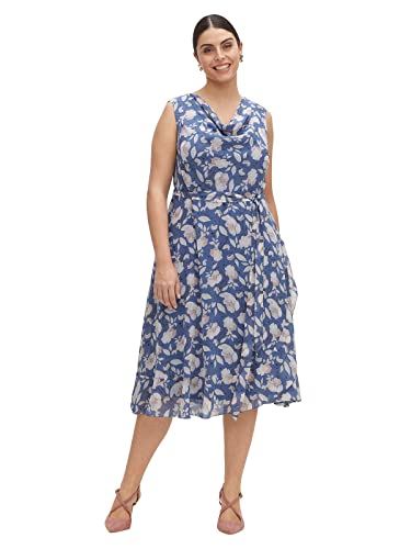 Sheego Damen Große Größen Kleid in Midilänge, mit Wasserfallkragen Abendmode feminin Wasserfall-Ausschnitt Volants von Sheego