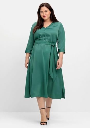 Sheego Damen Große Größen Kleid mit 3/4-Arm und Bindeband Satinkleid Citywear feminin V-Ausschnitt Knopfleiste unifarben von Sheego