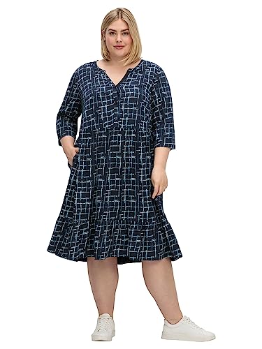 Sheego Damen Große Größen Kleid mit 3/4-Arm und grafischem Alloverprint Citywear feminin Rundhals-Ausschnitt Knopfleiste von Sheego