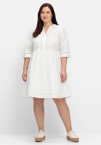 Sheego Damen Große Größen Kurzes Kleid mit Lochstickerei und Ajourmuster Sommerkleid Citywear feminin V-Ausschnitt Stickerei unifarben von Sheego