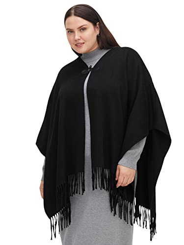 Sheego Damen Große Größen Poncho im Cape-Stil, mit Fransen und Knebelverschluss Freizeitmode klassisch - von Sheego