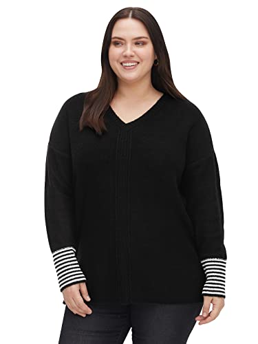 Sheego Damen Große Größen Pullover mit geringeltem Ärmelbündchen V-Ausschnitt-Pullover Freizeitmode sportlich V-Ausschnitt - unifarben von Sheego
