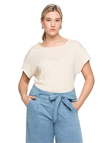 Sheego Damen Große Größen Shirt mit offener Schulterpartie, in Leichter A-Linie T-Shirt Citywear feminin Rundhals-Ausschnitt Zierknöpfe unifarben von Sheego