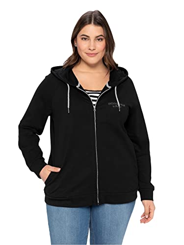 Sheego Damen Große Größen Sweatjacke mit Flockprint und Eingrifftaschen Kapuzensweatjacke Basicmode sportlich V-Ausschnitt - unifarben von Sheego