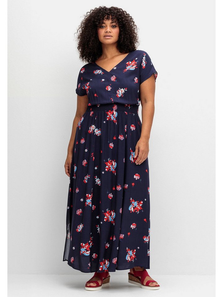 Sheego Maxikleid Große Größen mit Alloverdruck und gesmokter Taille von Sheego