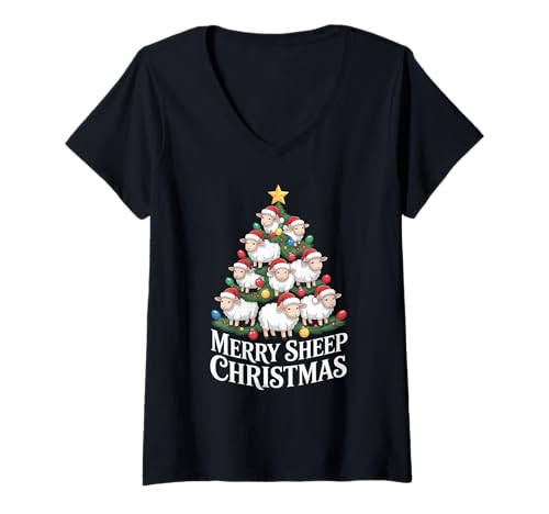 Damen Schaf-Weihnachtsbaum T-Shirt mit V-Ausschnitt von Sheep Christmas Tree Tees