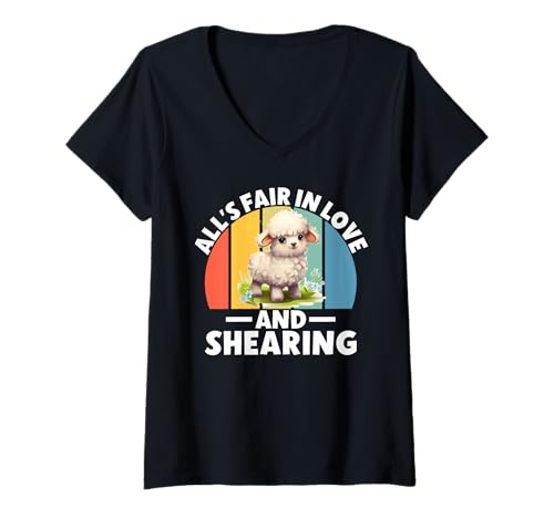 Damen Alles ist fair in Love and Searing Sheering Sheoring Sheer T-Shirt mit V-Ausschnitt von Sheep Gifts & Sheep Decor