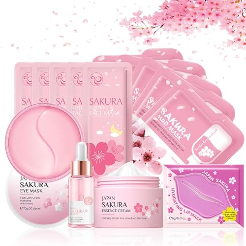 6PCS Sakura Serum für Pamper Geschenke für Frauen mit Feuchtigkeit erfrischende Hautpflege Sets für Kits -Gesichtsserum, Gesichtscreme, Schlafmaske, Augenmaske, Schlammmaske, Lippenmaske von Shefave