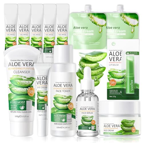 Shefave Aloe Vera Hautpflege Sets & Kits, 13-tlg Skincare Set mit Gesichtsreiniger,Serum, Toner, Aloe Vera Creme, Lippenbalsam, Handcreme, Schlafmaske, NäHrendes Gesichtspflege Set (M) von Shefave